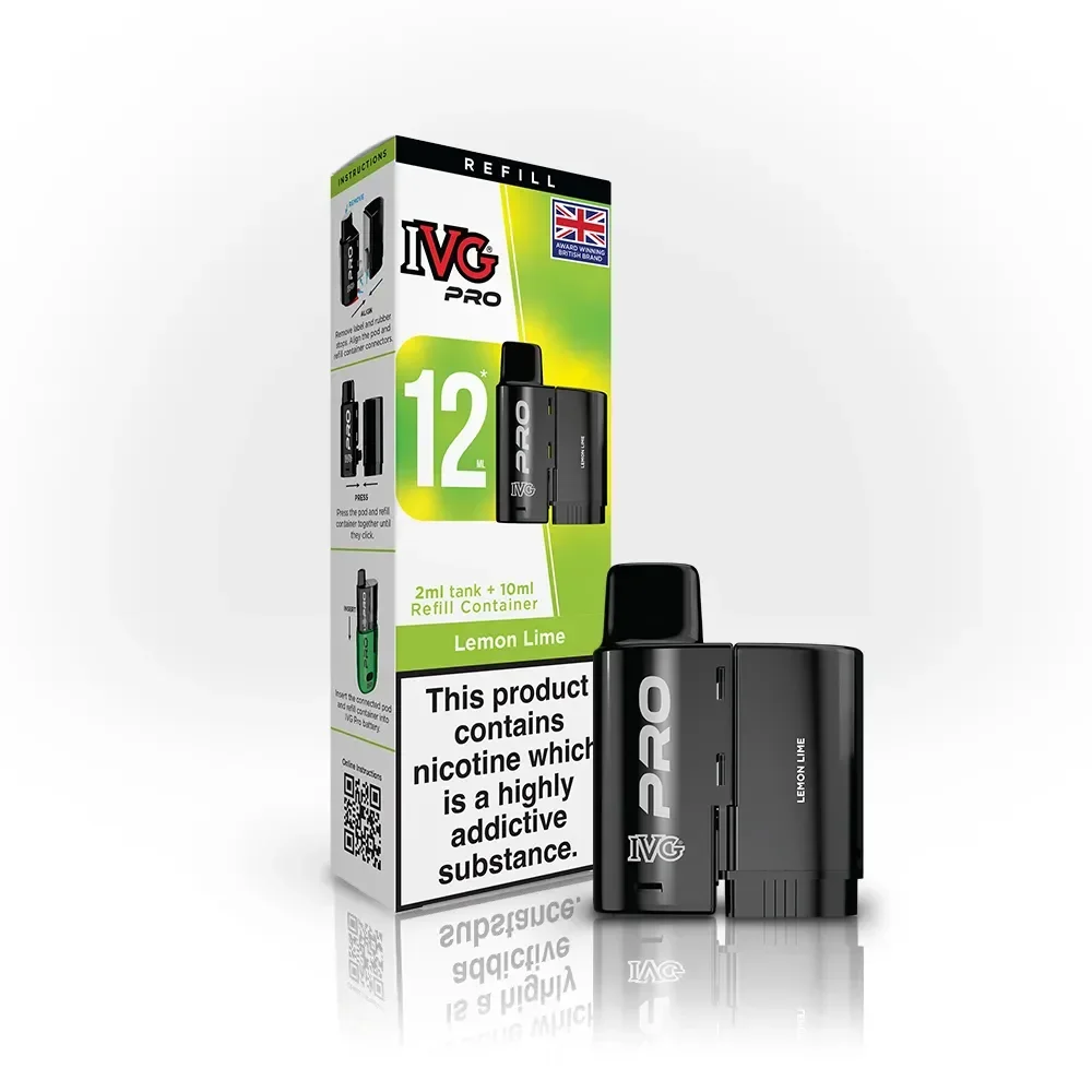 IVG Pro Lemon Lime vape refill kit box with a black refill device beside it, featuring a nicotine warning label on the front.