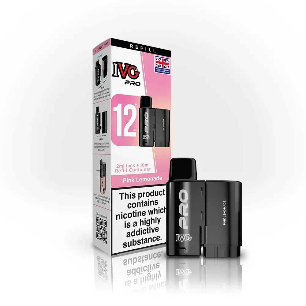 IVG Pro 12 vape kit in pink lemonade flavor with black pod device and refill box beside it.