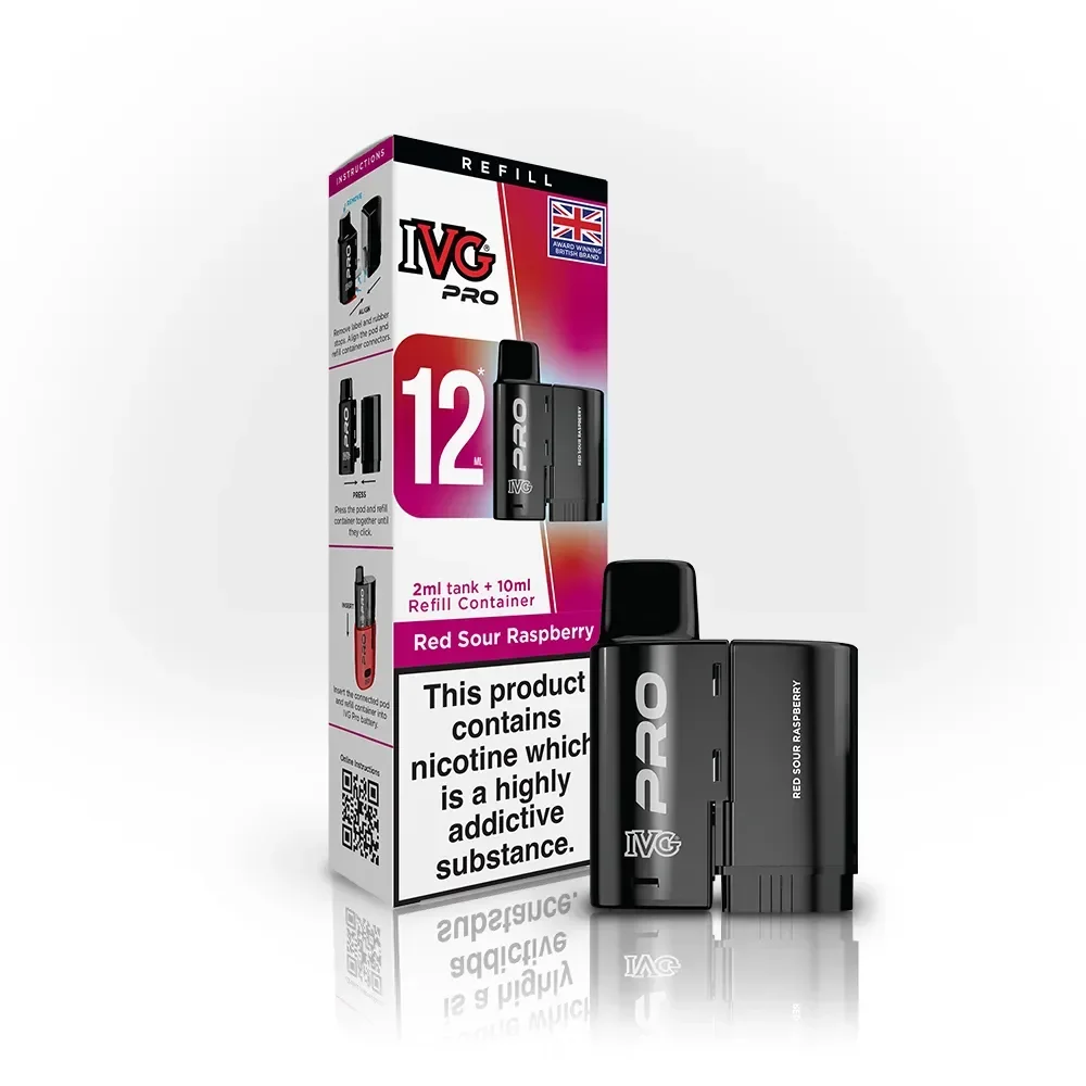 Vaping device kit and box labeled IVG Pro 12, Red Sour Raspberry flavor, with nicotine warning on the front sticker (image shows packaging and two USB-style pods).