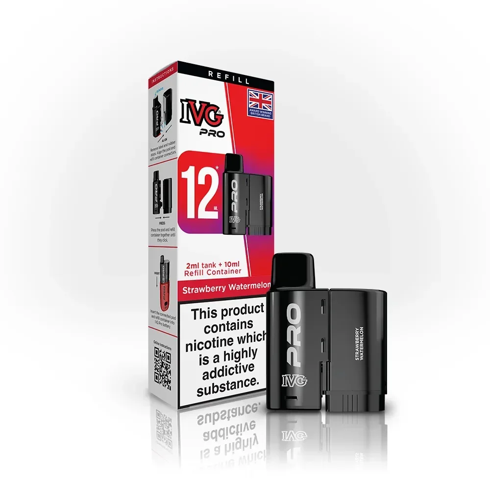 IVG Pro 12 refillable vape pod kit with strawberry‑watermelon flavor, black pods beside a red/white box.