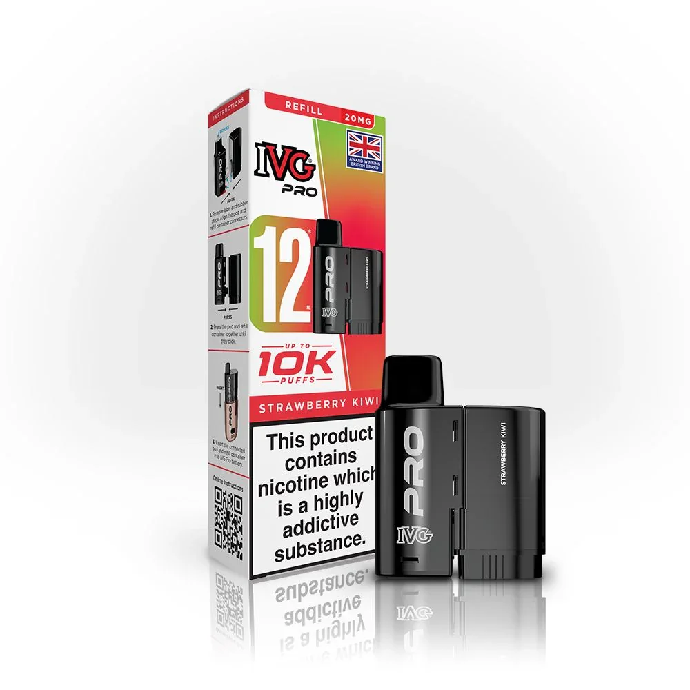 IVG Pro 12 vape pod product box labeled Strawberry Kiwi with two black vape devices beside it; includes nicotine warning label on box.