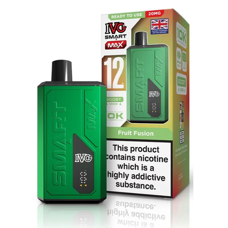 Green IVG Smart Max vape device with a black mouthpiece beside its packaging labeled Fruit Fusion and a nicotine warning.