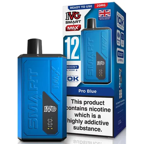 Blue IVG Smart Pro vape device with a matching blue box, showing nicotine strength '12' and a bold nicotine warning label.