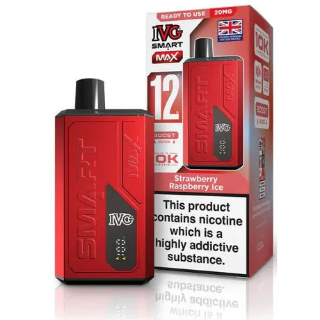 Red vaping device with a black mouthpiece beside its box, showing IVG branding, nicotine warning, and strawberry raspberry ice flavor