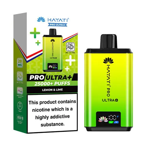Vape device and its packaging: a bright yellow‑green box and a matching compact vape showing 'PRO ULTRA+ 2500+ PUFFS' with a nicotine warning on the front panel.