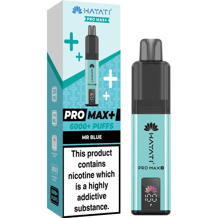 Vape device with blue packaging reading PRO MAX+ 6000+ PUFFS, MR BLUE, and a nicotine warning: 'This product contains nicotine which is a highly addictive substance'