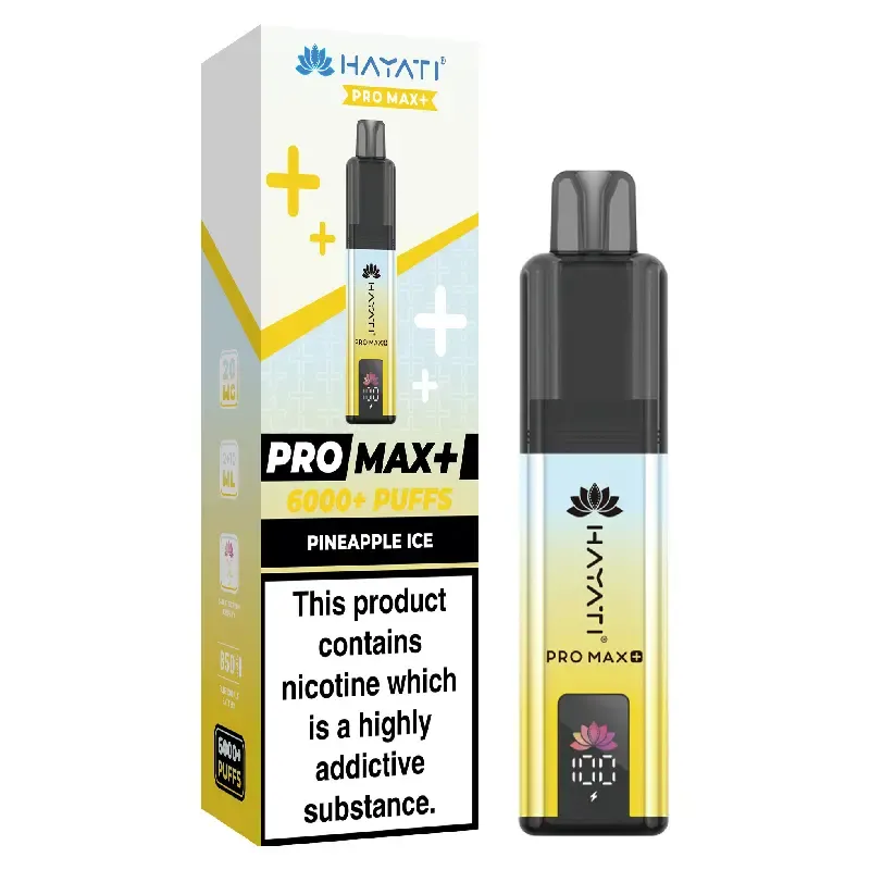 Disposable vape pen labeled Pro Max+ Pineapple Ice beside its packaging showing a nicotine warning.