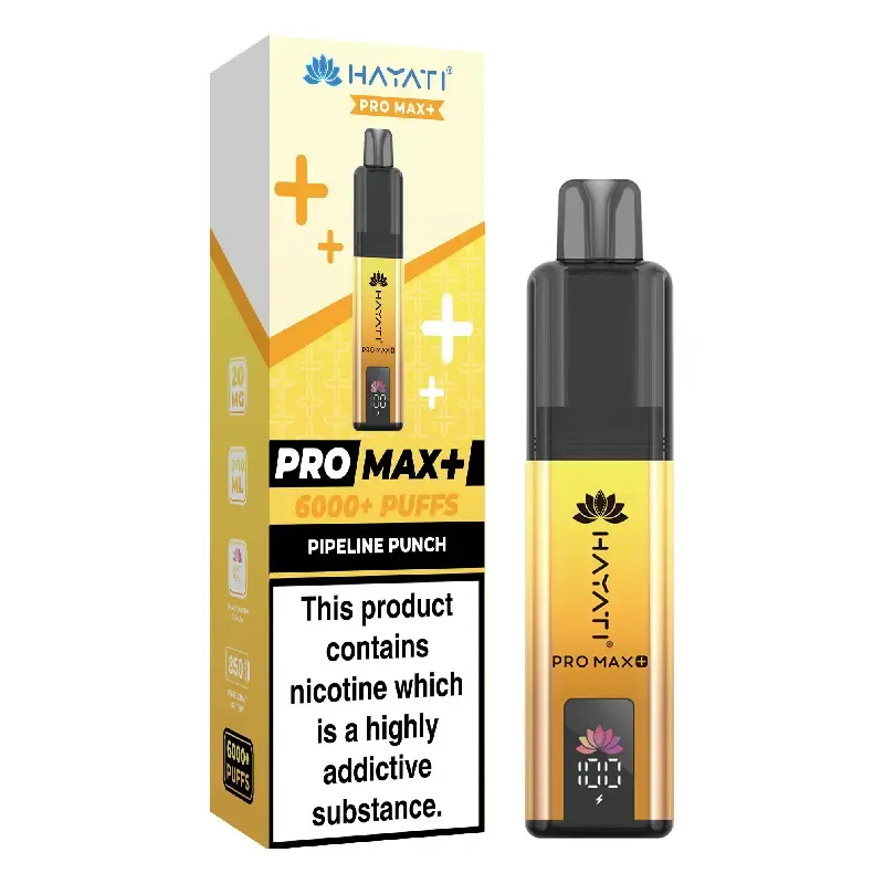 HAVAT Pro Max+ vape device with yellow box advertising 6000+ puffs and Pipeline Punch flavor.