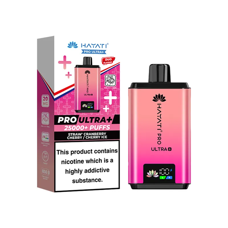 Pink gradient vape device with black mouthpiece next to its pink box, labeled Pro Ultra+ 25000+ puffs and flavor options, warning panel visible.
