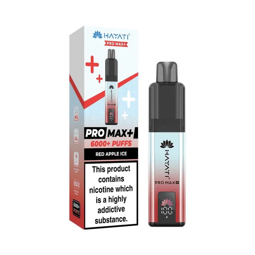 Hayati Pro Max+ vape device beside its box, Red Apple Ice flavor, advertising 6000+ puffs and nicotine warning on the box.