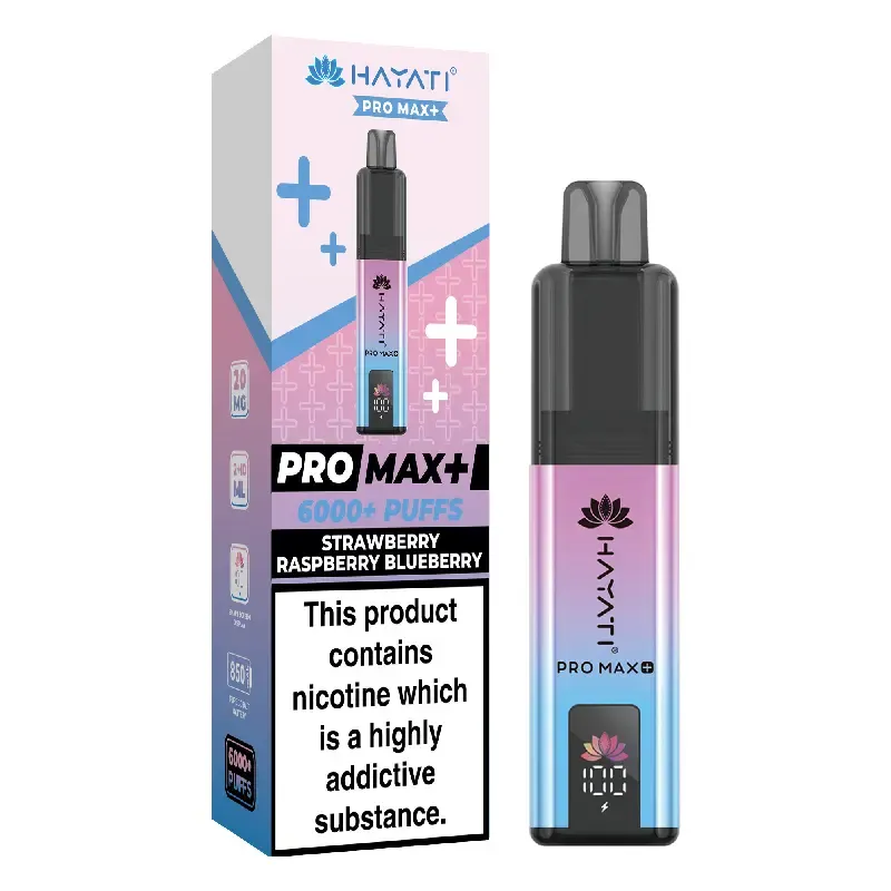Vape pod device and colorful packaging for HaXAT Pro Max+ strawberry-raspberry-blueberry flavor, nicotine warning label visible on box.