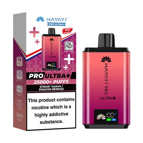 Vape device with pink‑to‑purple gradient and black mouthpiece beside its box reading Pro Ultra+ 25000+ Puffs; includes nicotine warning.