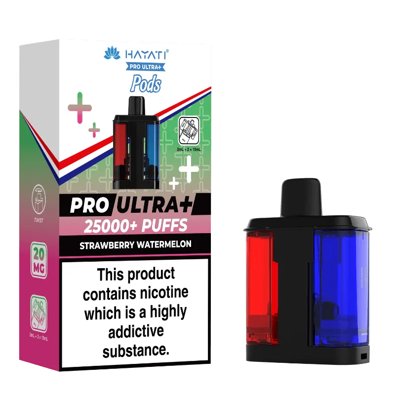 Vape pod packaging for Pro Ultra+ Pods with flavor strawberry watermelon and a black/red pod device beside it, plus an nicotine warning label on the box.