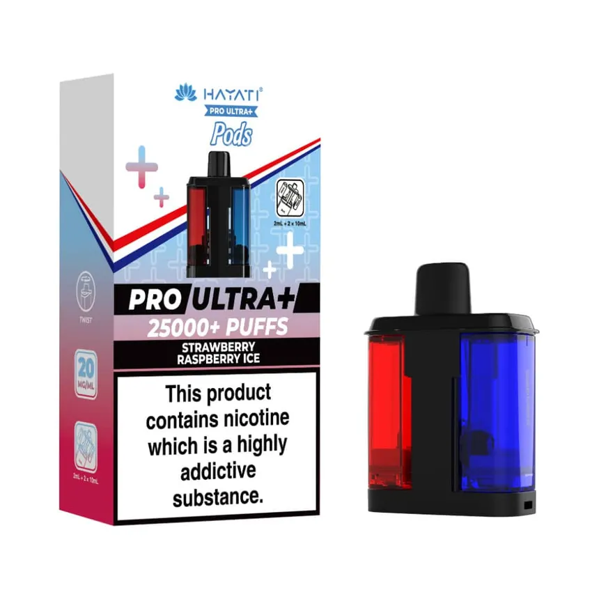 Vape pod device beside a box labeled Pro Ultra+ 25000+ Puffs, Strawberry Raspberry Ice, with nicotine warning text on the box.
