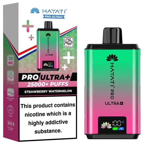 Vape kit box and a gradient pink-to-green Pro Ultra+ device offering 25,000+ puffs, Strawberry Watermelon flavor, with nicotine warning.