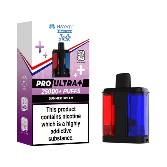 Vape pod kit next to its packaging labeled PRO ULTRA+ with 25000+ puffs and a nicotine warning on the front.