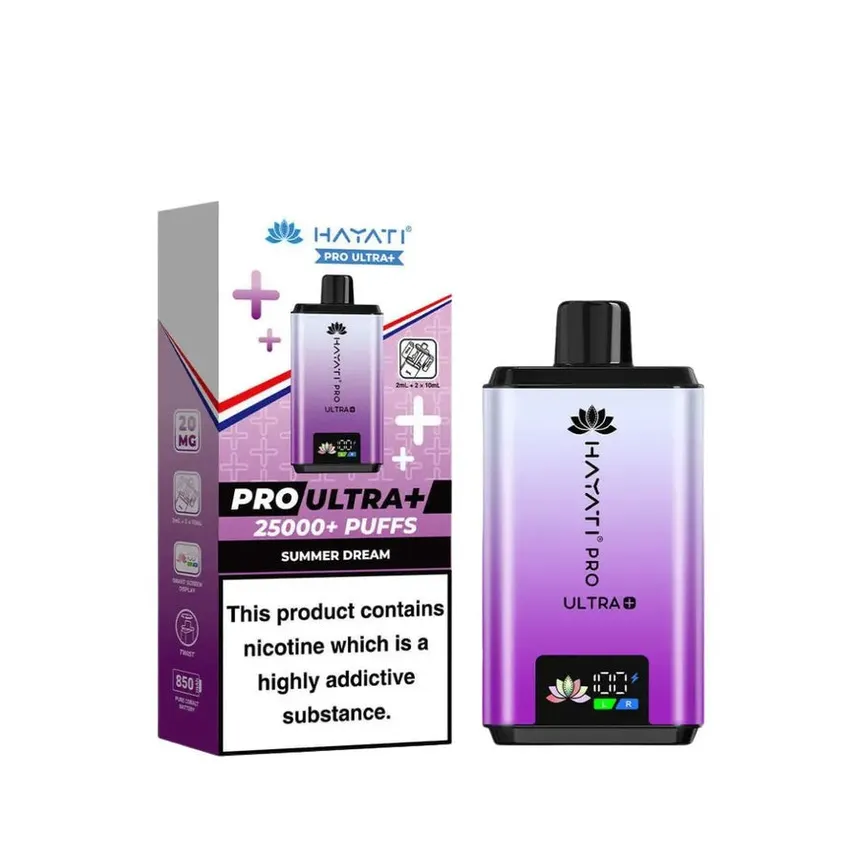 Hayati Pro Ultra+ vape device with purple gradient finish beside its packaging showing 25,000+ puffs, Summer Dream.