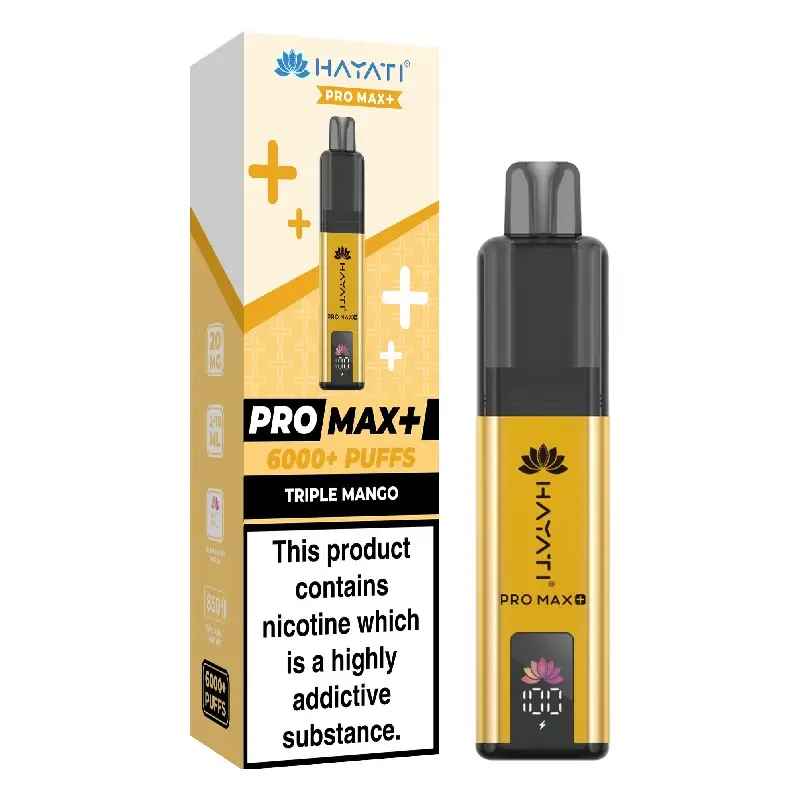 Vape device with yellow and black packaging showing 'PRO MAX+ 6000+ PUFFS' and 'Triple Mango' label, nicotine warning on box edge.