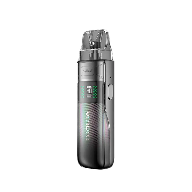 Vape pod mod with a clear pod on top, metal body, and a digital display showing 40W.