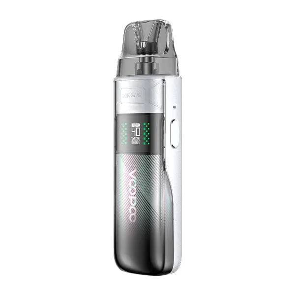 Pod-style vape device in white and black with a transparent mouthpiece and a small digital display showing 40W