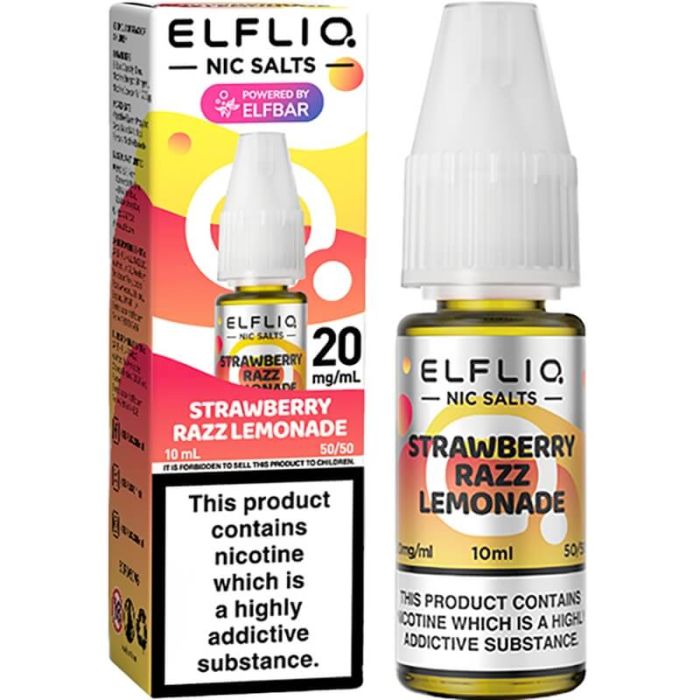ELFLIQ Nic Salts Strawberry Razz Lemonade bottle and box display a 10 mL vape liquid with 20 mg/mL nicotine warning label on packaging.
