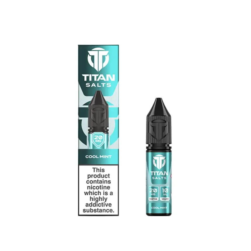 Titan Salts Cool Mint e-liquid box and bottle showing 20 mg nicotine and mint flavor.