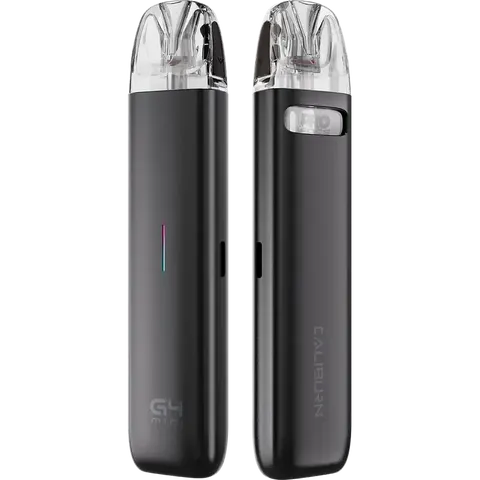 Front and back views of a black pod vape device with clear mouthpieces, LED indicator visible on the front.