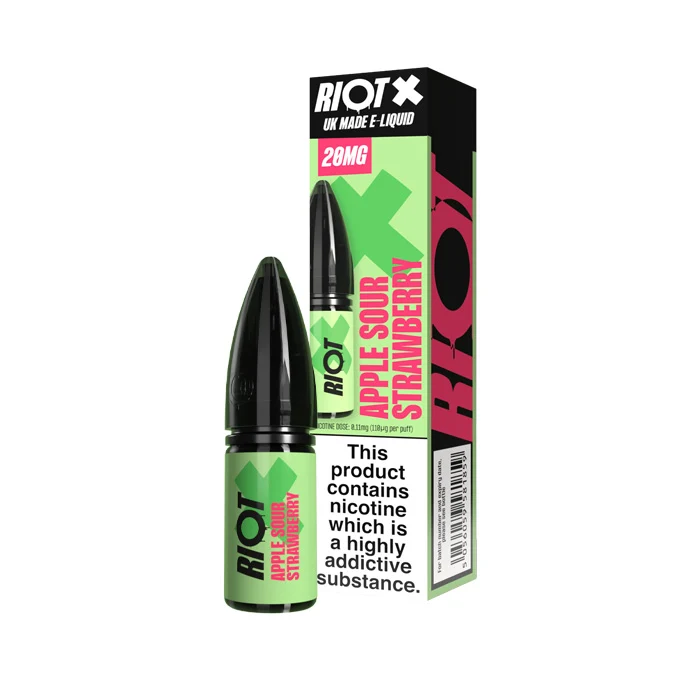 RiOT Apple Sour Strawberry e-liquid bottle beside its colorful packaging, with a nicotine warning on the label.