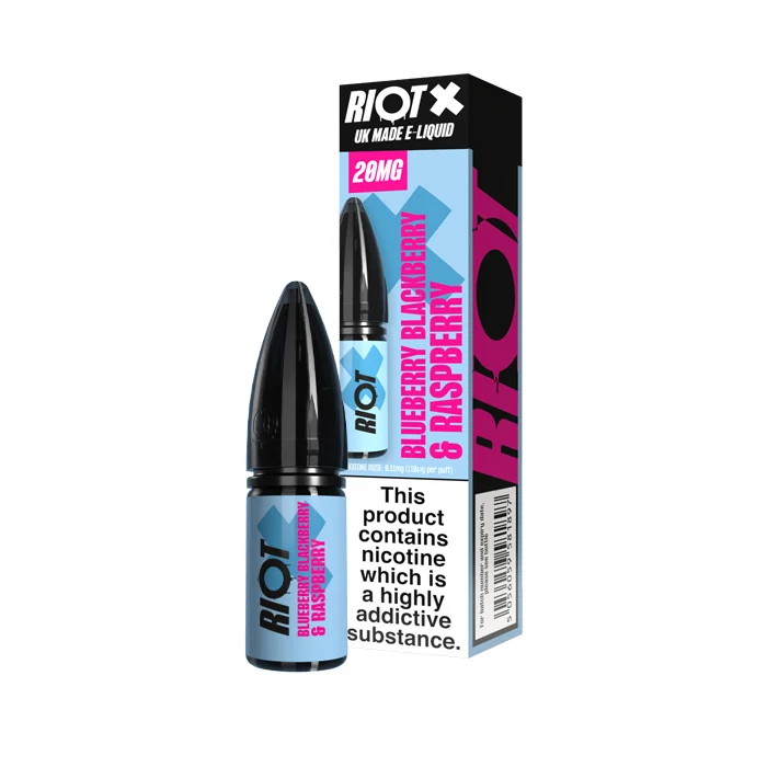 Riot UK Made E-Liquid bottle and box: 20mg Blueberry & Raspberry flavor with warning label on front panel