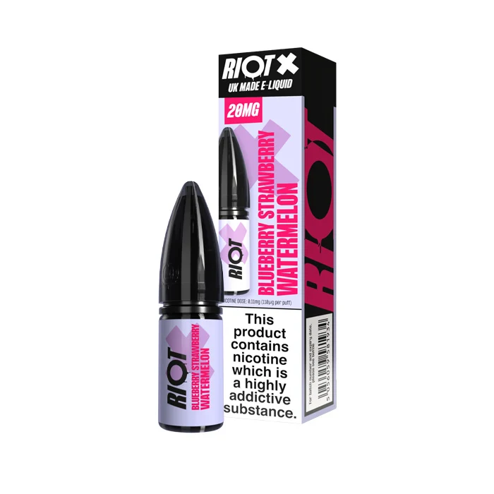 RIOT X e-liquid bottle and matching box showing the Blueberry Strawberry Watermelon flavor and 20 mg nicotine strength.