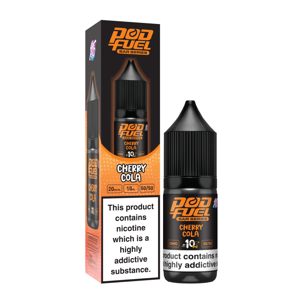 Box and bottle of Pod Fuel Bar Series Cherry Cola e-liquid, front packaging visible with warning label partially readable.