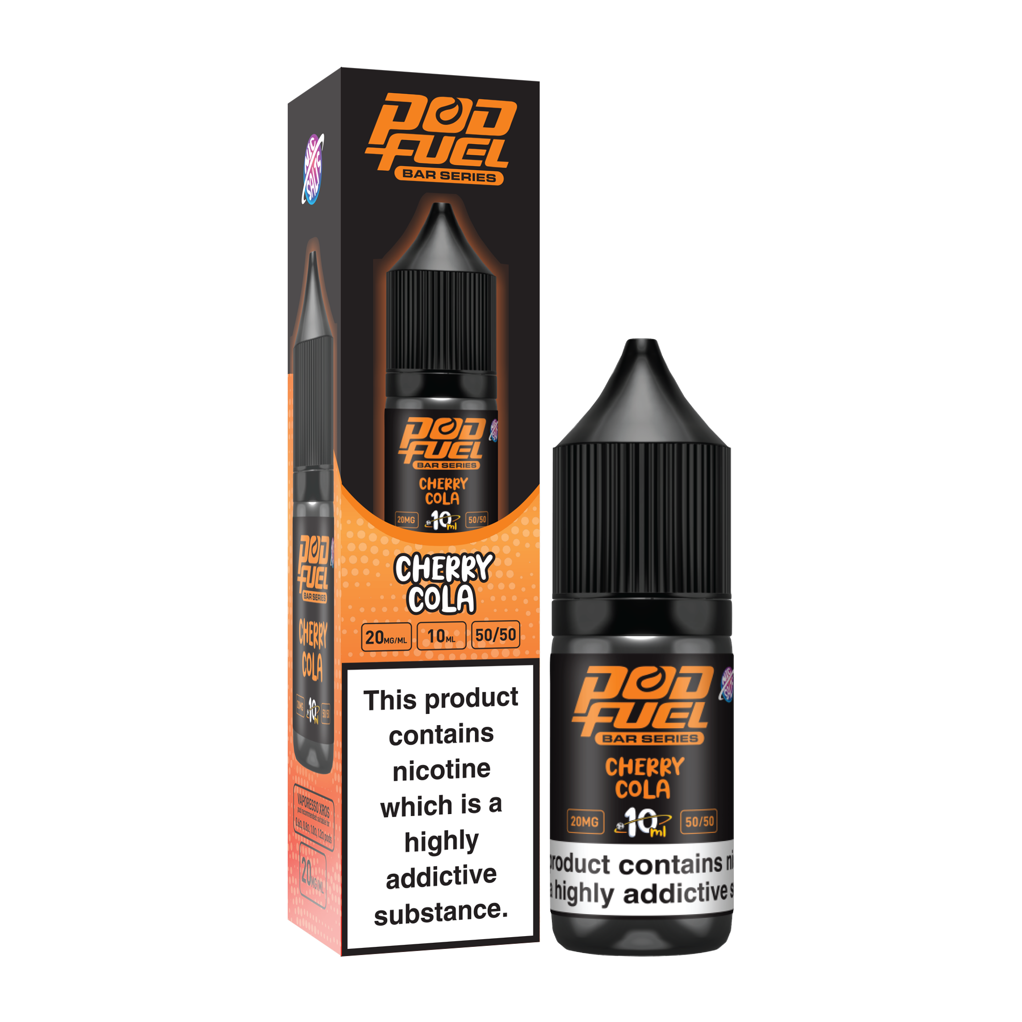 Box and bottle of Pod Fuel Bar Series Cherry Cola e-liquid, front packaging visible with warning label partially readable.