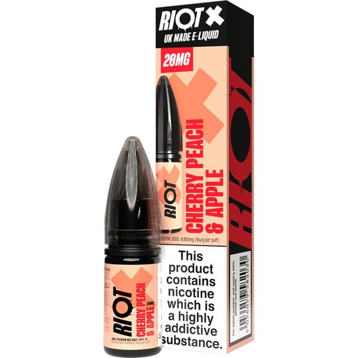 Riot X Cherry Peach Apple vape box and bottle, 20 mg nicotine, with nicotine warning label on front