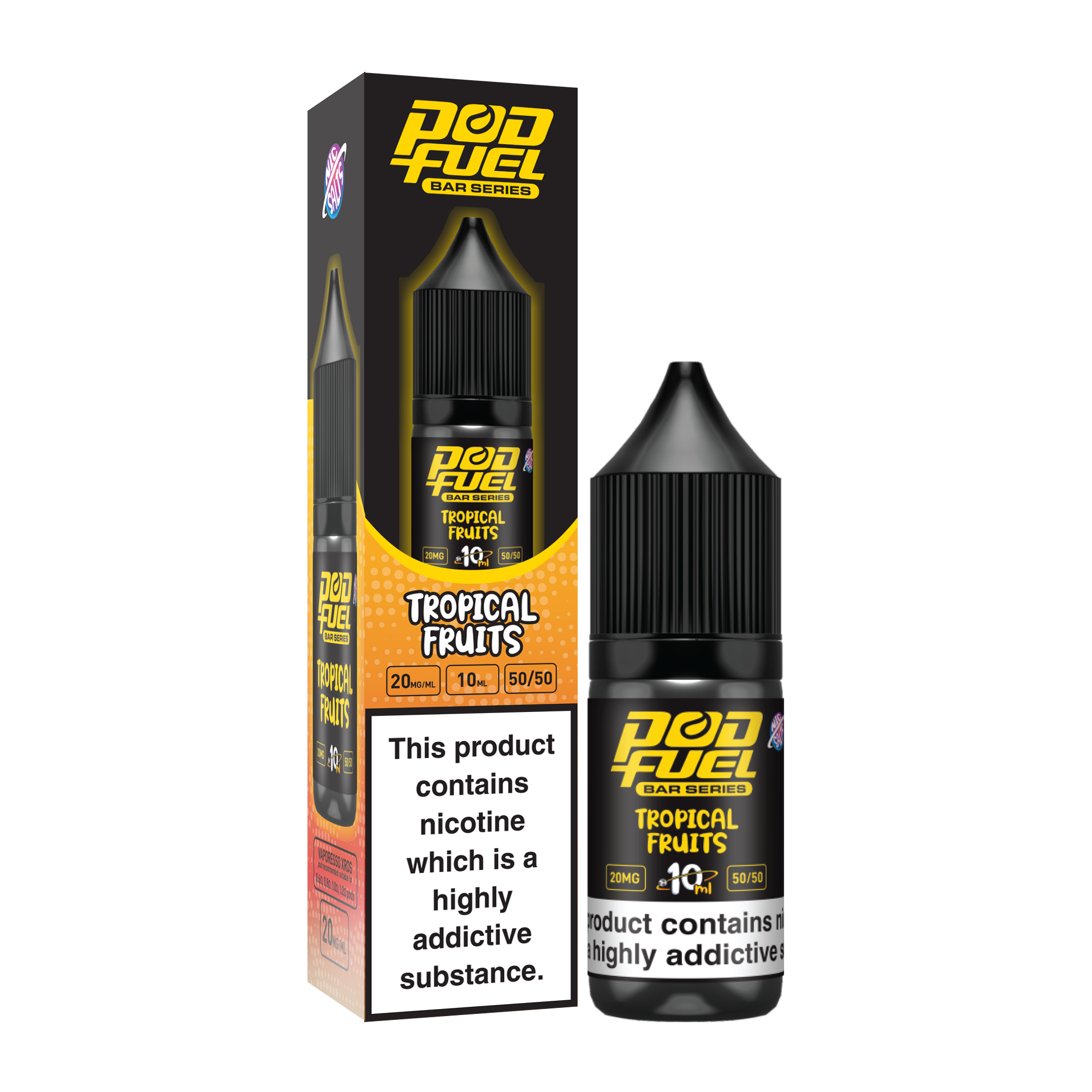 Box and bottle of Bad Fuel Bar Series Tropical Fruits e-liquid, nicotine-containing vape juice with bright orange label and warning on the front panel